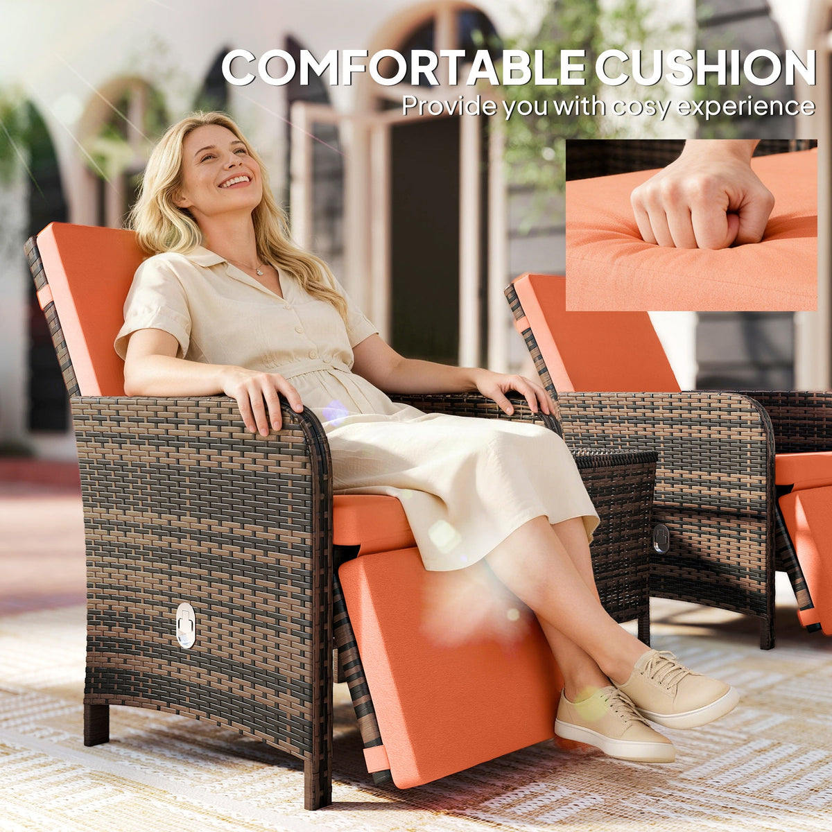 3 Piece Rattan Bistro Set with Reclining Chairs & Storage Table, Orange — product view 7