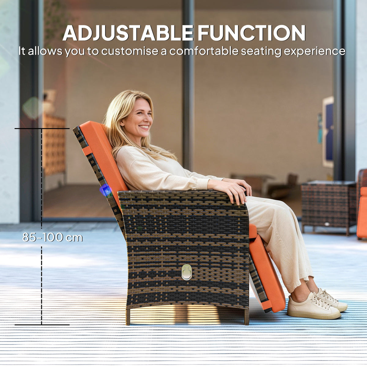 3 Piece Rattan Bistro Set with Reclining Chairs & Storage Table, Orange — product view 6
