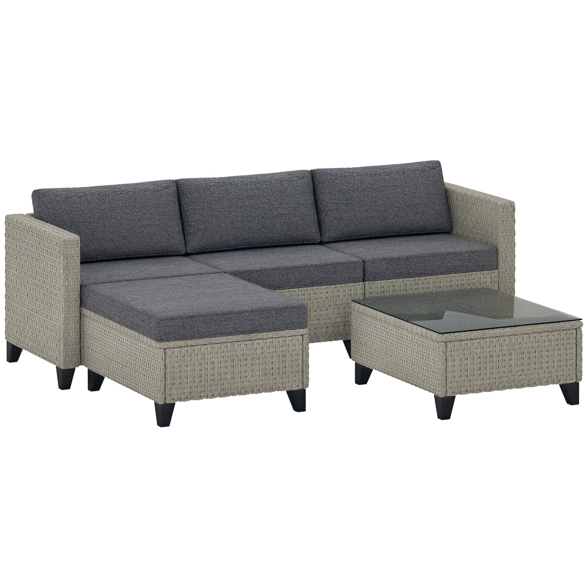 5 Piece PE Rattan Garden Furniture Set with Corner Sofa & Glass Table, Dark Grey — product view 1