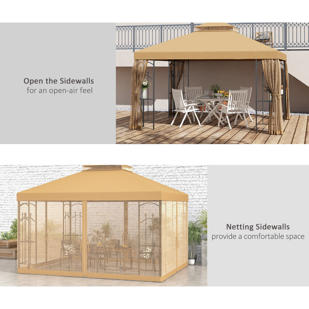 10' x 12' Patio Gazebo with Corner Shelves and Netting, Brown — product view 7