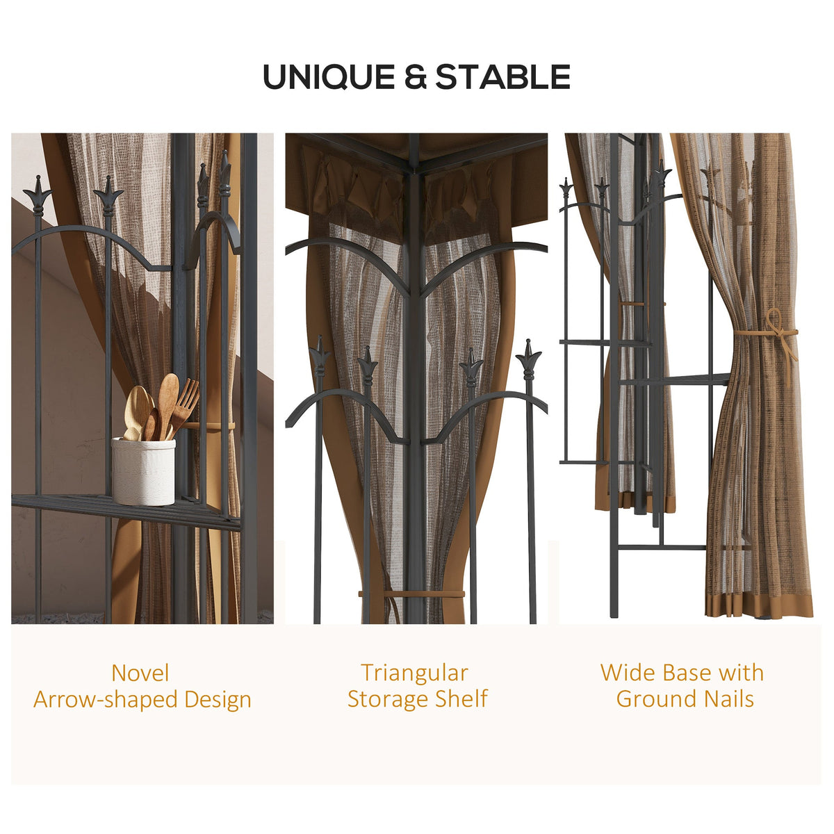 10' x 12' Patio Gazebo with Corner Shelves and Netting, Brown — product view 6