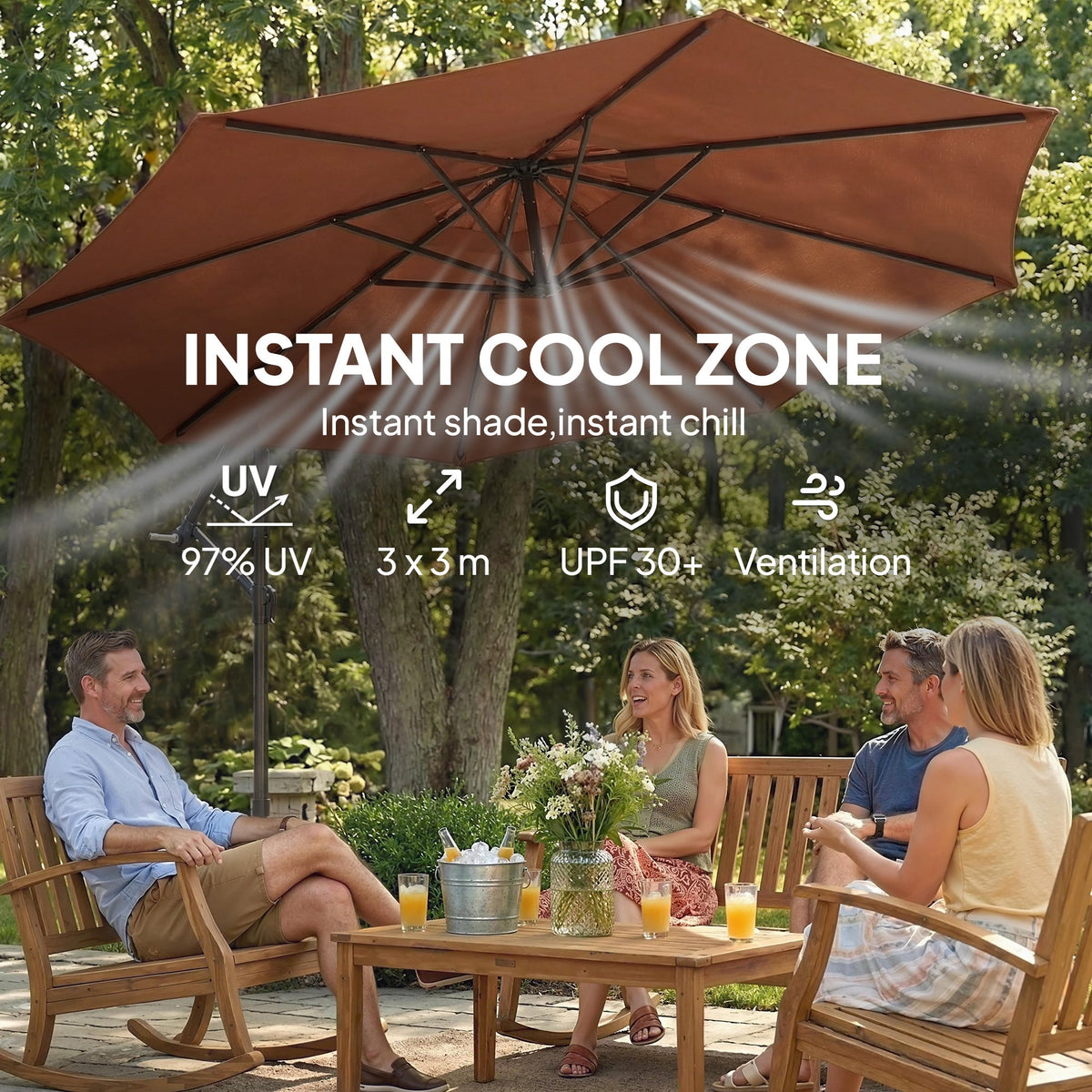 3 m Banana Parasol with Crank Handle, 8 Ribs & Cross Base, Coffee — product view 6
