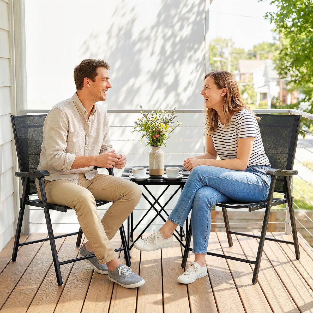 Set of 2 Folding Garden Chairs with High Back and Armrests, Black — product view 4