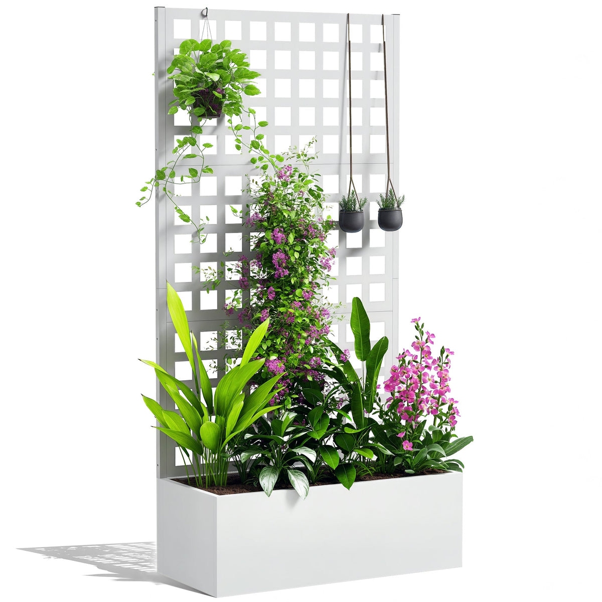 35" x 16" x 70" Raised Garden Bed with Trellis and Privacy Screen, White — product view 1