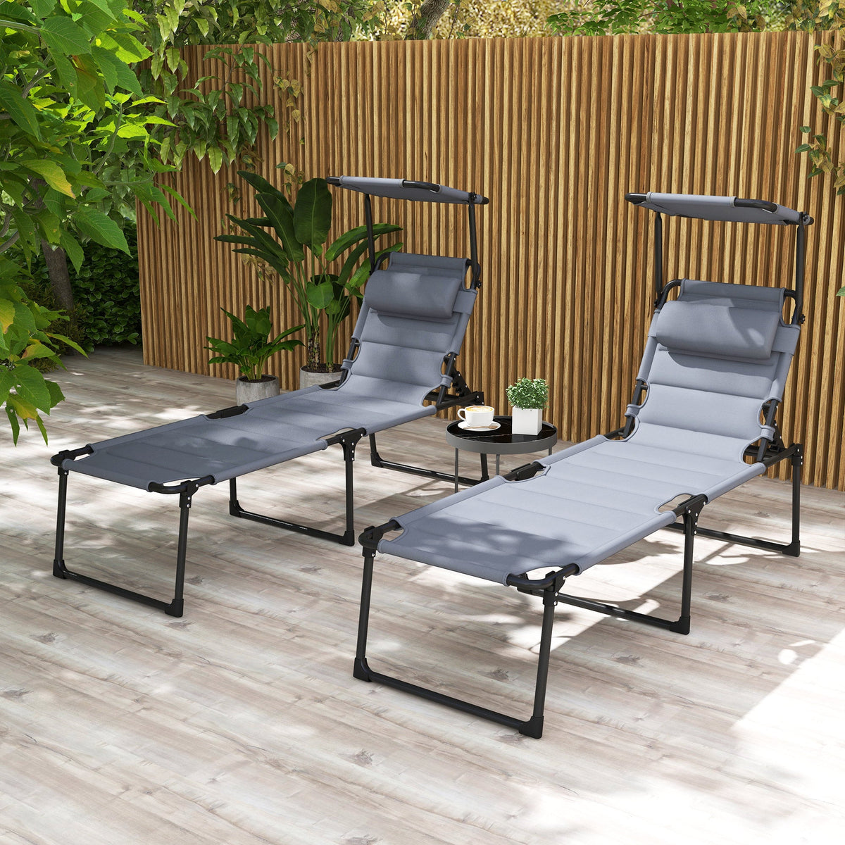 2-Piece Outdoor Lounge Chairs with Sunshade and Pillow, Gray — product view 3