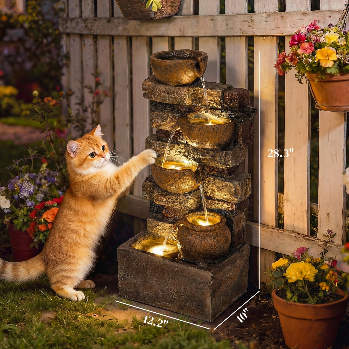 28" 5-Tier Outdoor Fountain with LED Lights and Adjustable Flow, Rustic Brown — product view 5