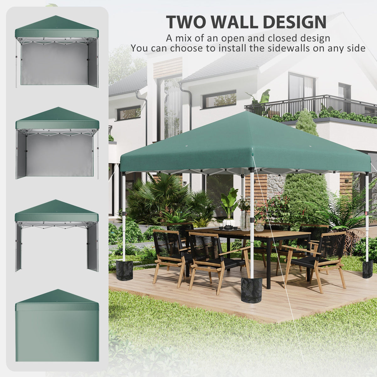 3 x 3m Pop Up Gazebo with 2 Sidewalls, Weight Bags & Wheeled Bag, Green — product view 6