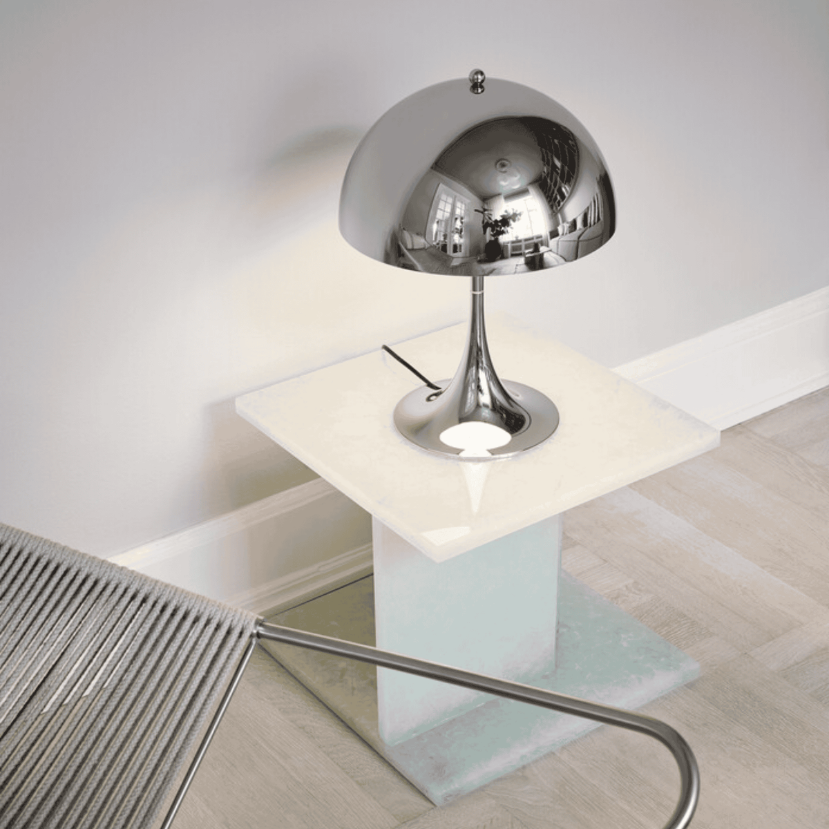 GlowCap Retro LED Desk Light Minimalist Scandinavian Bedside Dining — White Silver Chrome — product view 6