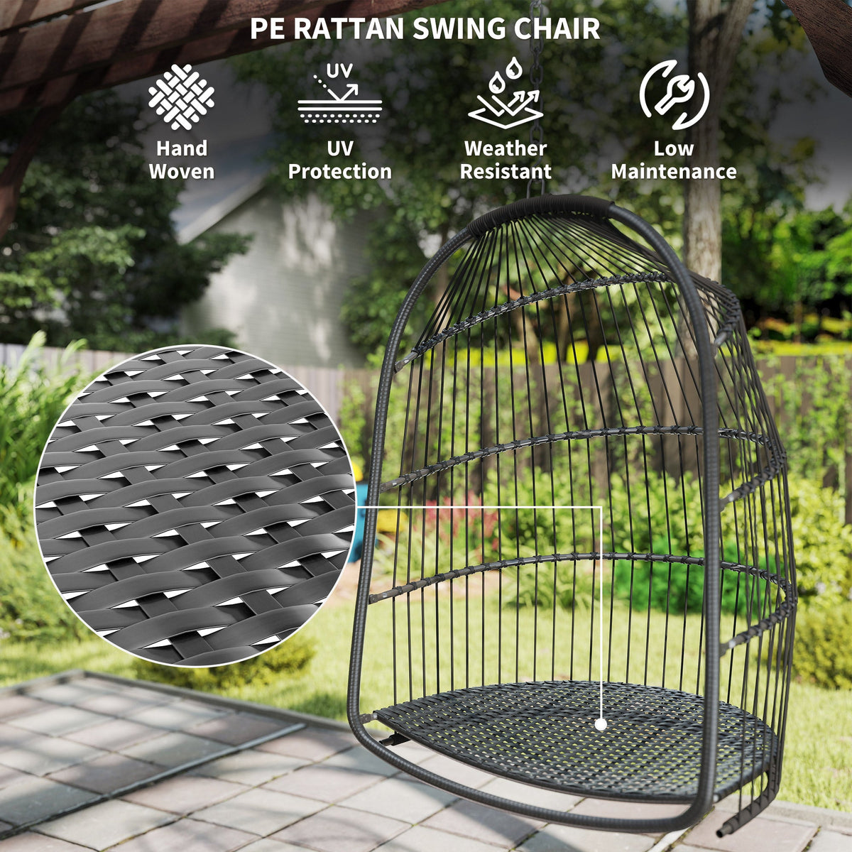 Foldable Hanging Egg Chair with Cushion, Headrest and Kit, Dark Grey — product view 7