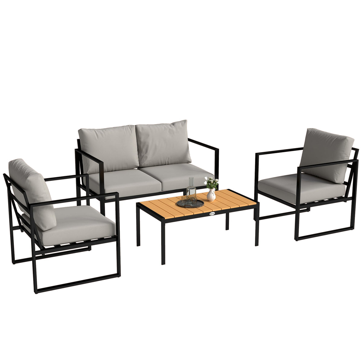 4 Piece Garden Furniture Set with Loveseat, Armchairs and Slatted Table, Grey — product view 1