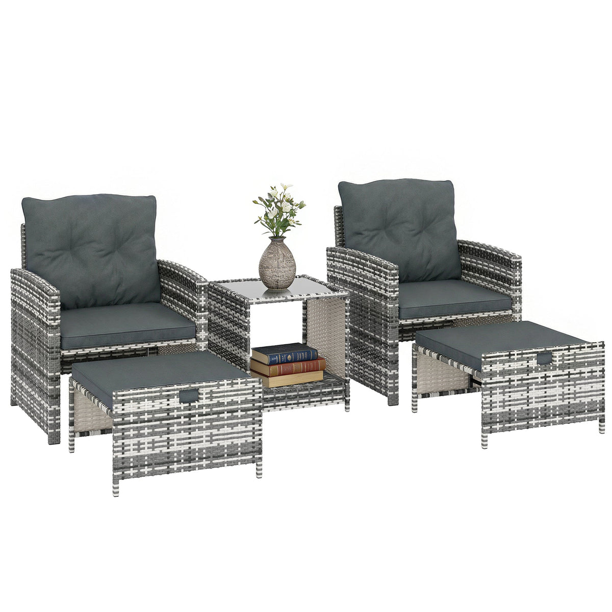 5-Piece Rattan Sofa Set with Ottomans, 2-Tier Glass Table, Grey/Dark Grey — product view 1