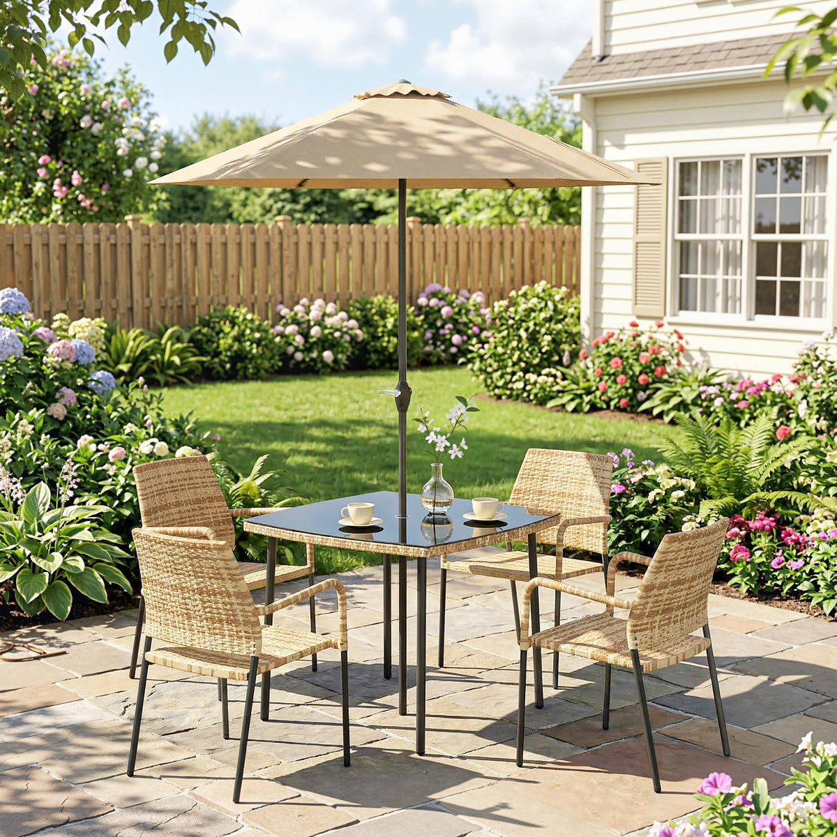 4-Seater Light Brown Rattan Dining Set with Parasol, Glass Top & Stacking Chairs — product view 4