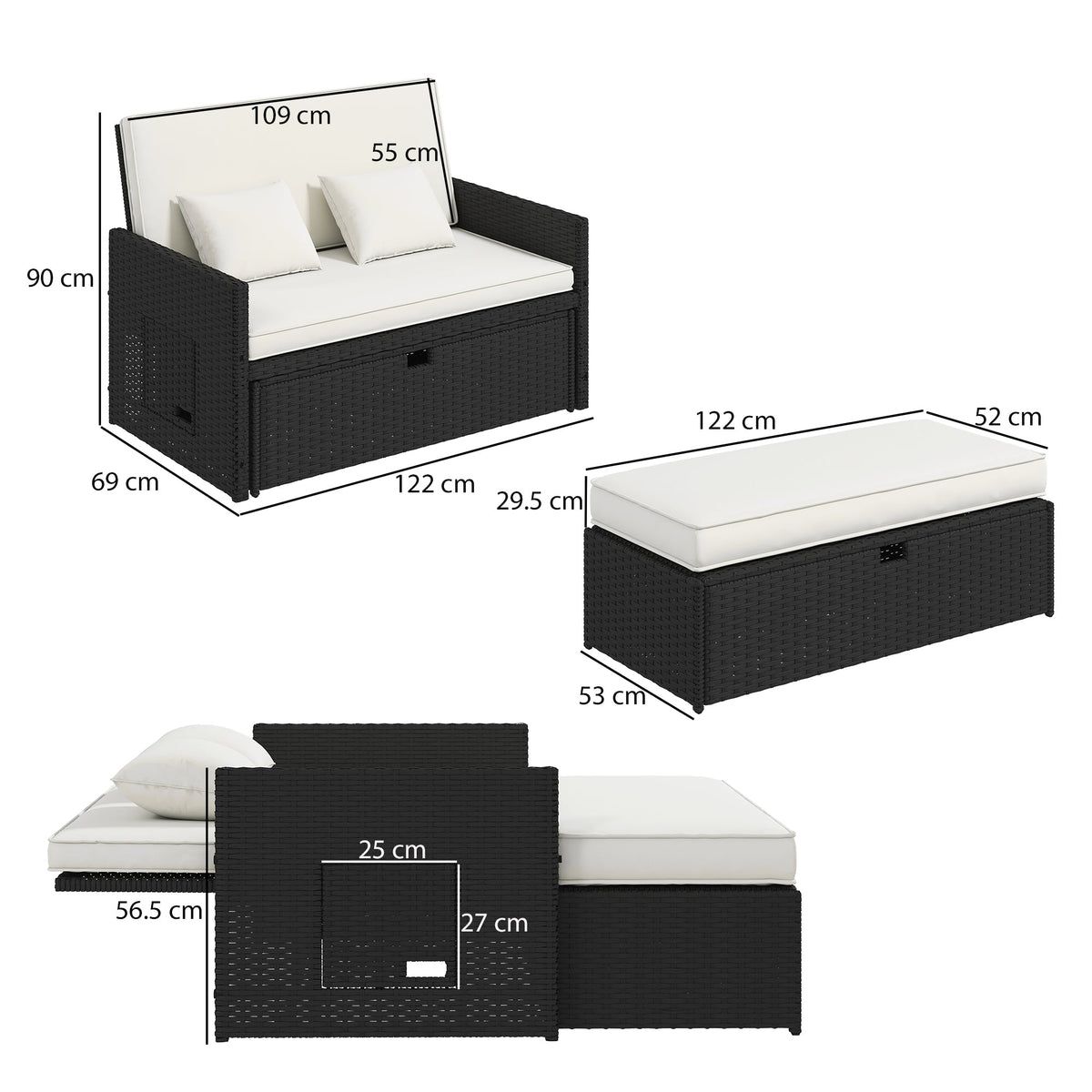 Rattan Garden Daybed with Ottoman, Retractable Trays & Cushions, Cream White — product view 5