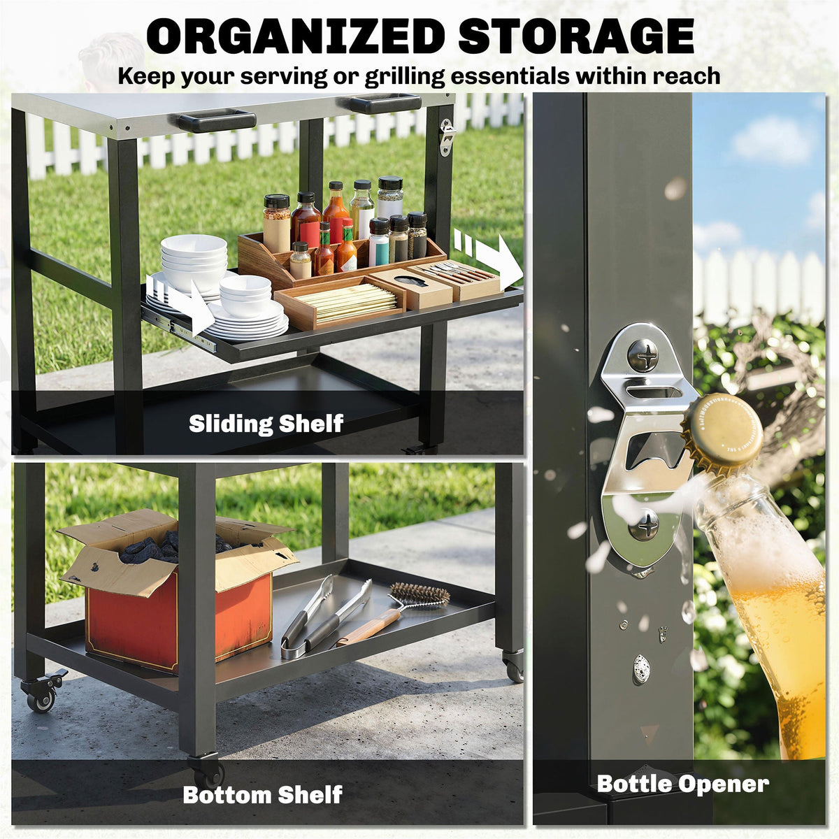Outdoor Grill Cart with Stainless Steel Top, 2 Shelves and Lockable Wheels, Black — product view 7
