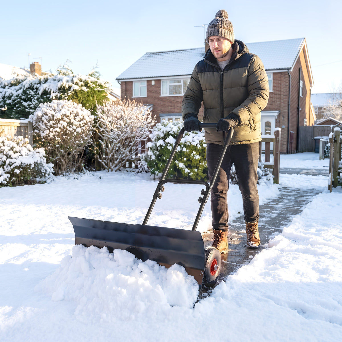 Heavy-Duty Metal Snow Pusher with Wheels & Adjustable Handle, 29" x 16.5" Black — product view 3