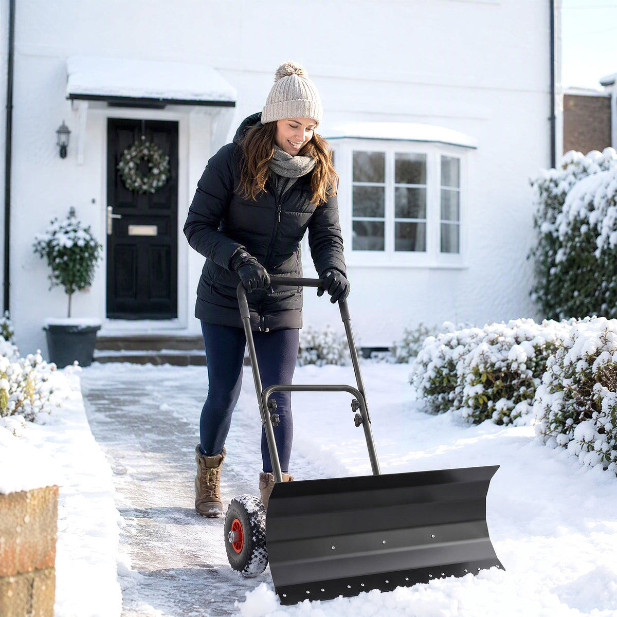 Heavy-Duty Metal Snow Pusher with Wheels & Adjustable Handle, 29" x 16.5" Black — product view 4