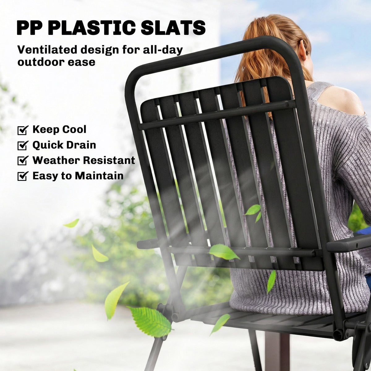 Set of 4 Folding Garden Chairs with Armrests and Slatted Seat, Black — product view 7