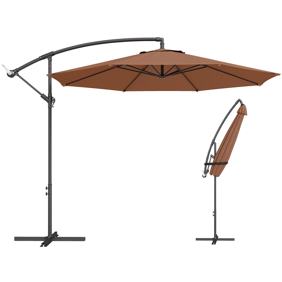 3 m Banana Parasol with Crank Handle, 8 Ribs & Cross Base, Coffee — product view 1