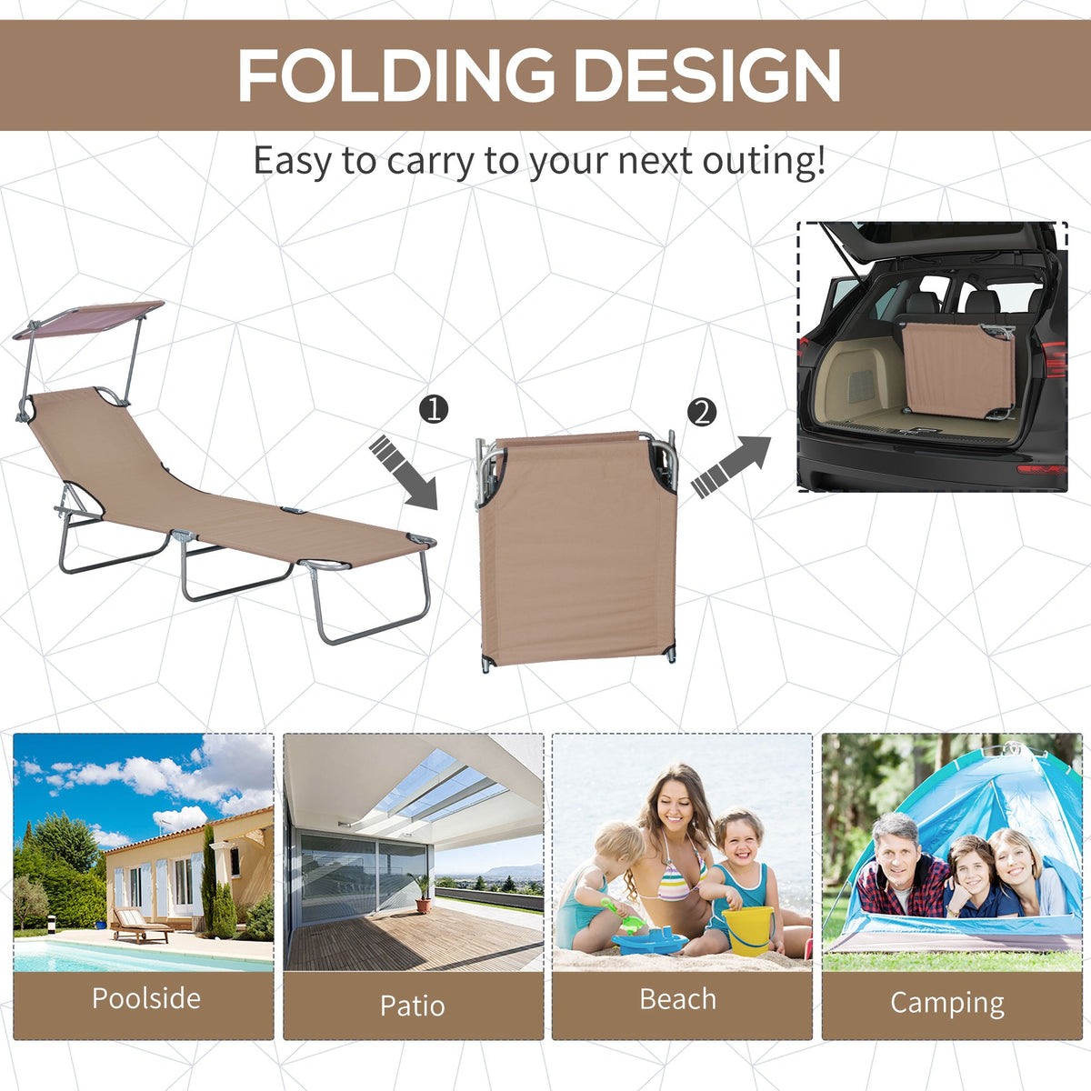 Adjustable Folding Lounge Chair with Sun Shade, Brown — product view 7
