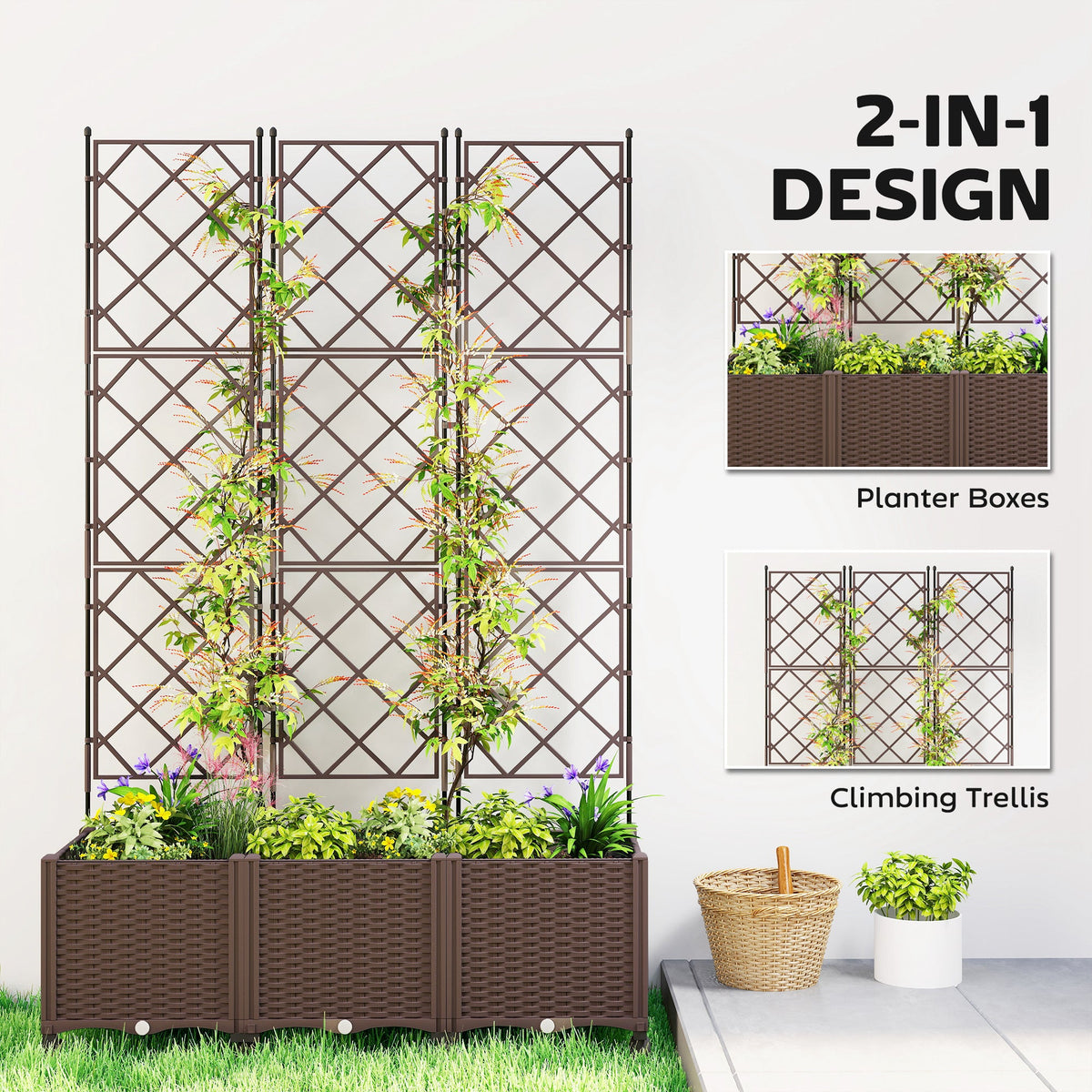Self Watering Plastic Raised Planter with Trellis & Wheels — product view 6