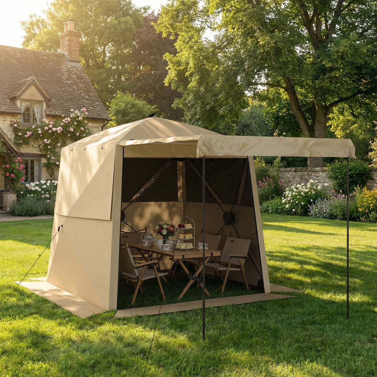 2 x 2 m Pop Up Gazebo with Awning, Sides, Mesh Windows & Carry Bag, Khaki — product view 4
