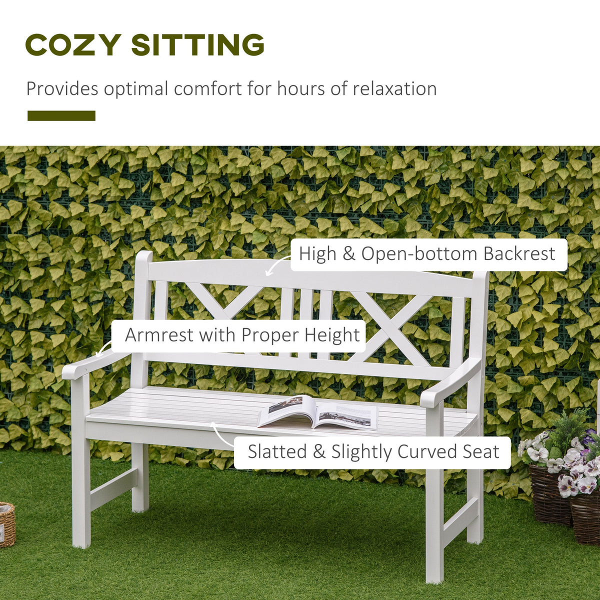 4FT 2-Seater Wooden Garden Bench with X-Shape Back, White — product view 7