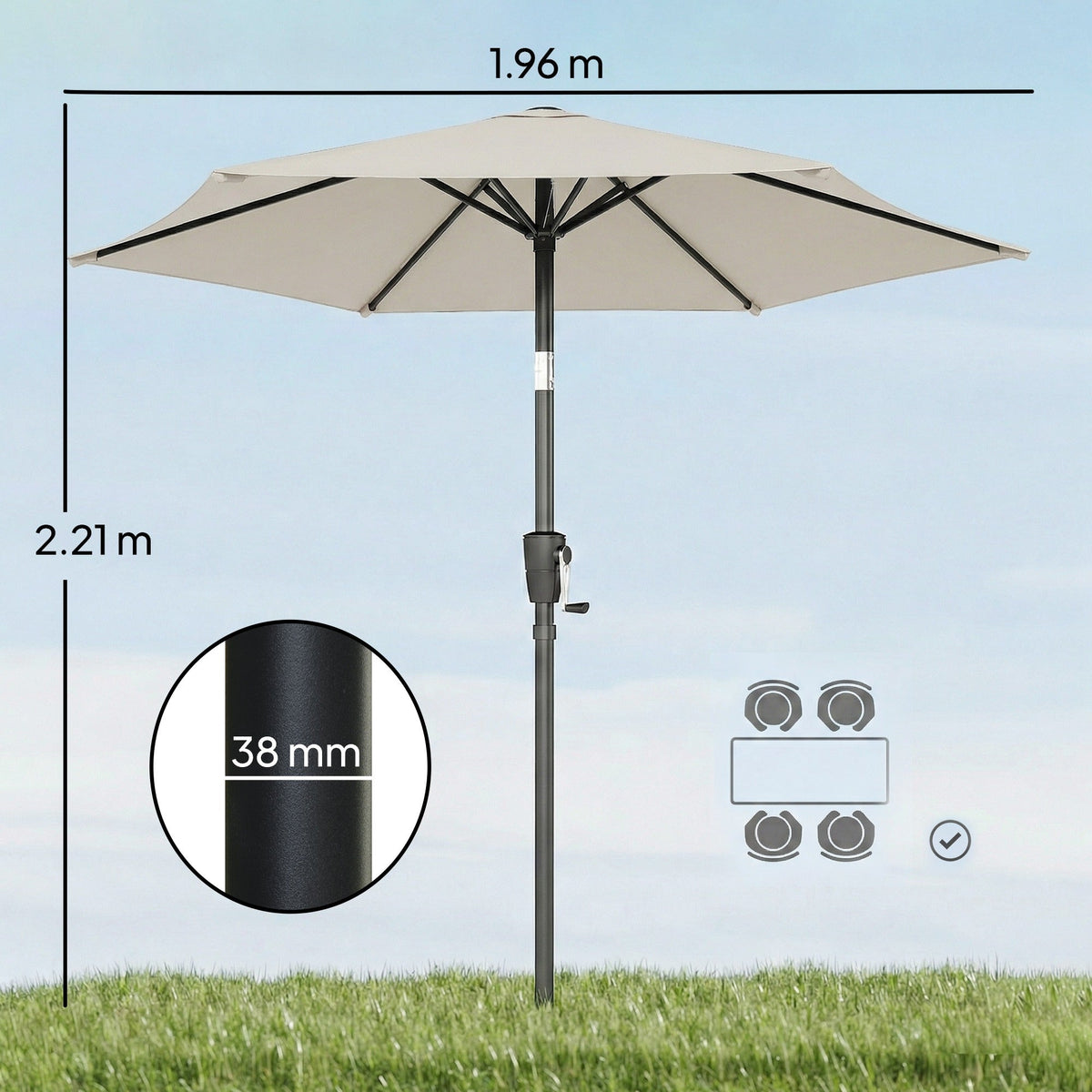 2 m Garden Parasol with Crank Handle, Tilt Function & UV30+, Light Grey — product view 5