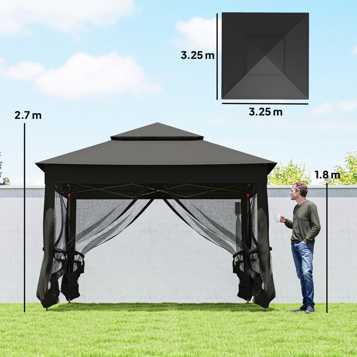 3 x 3 m Pop Up Gazebo with Double Roof, Netting & Carry Bag, Black — product view 5