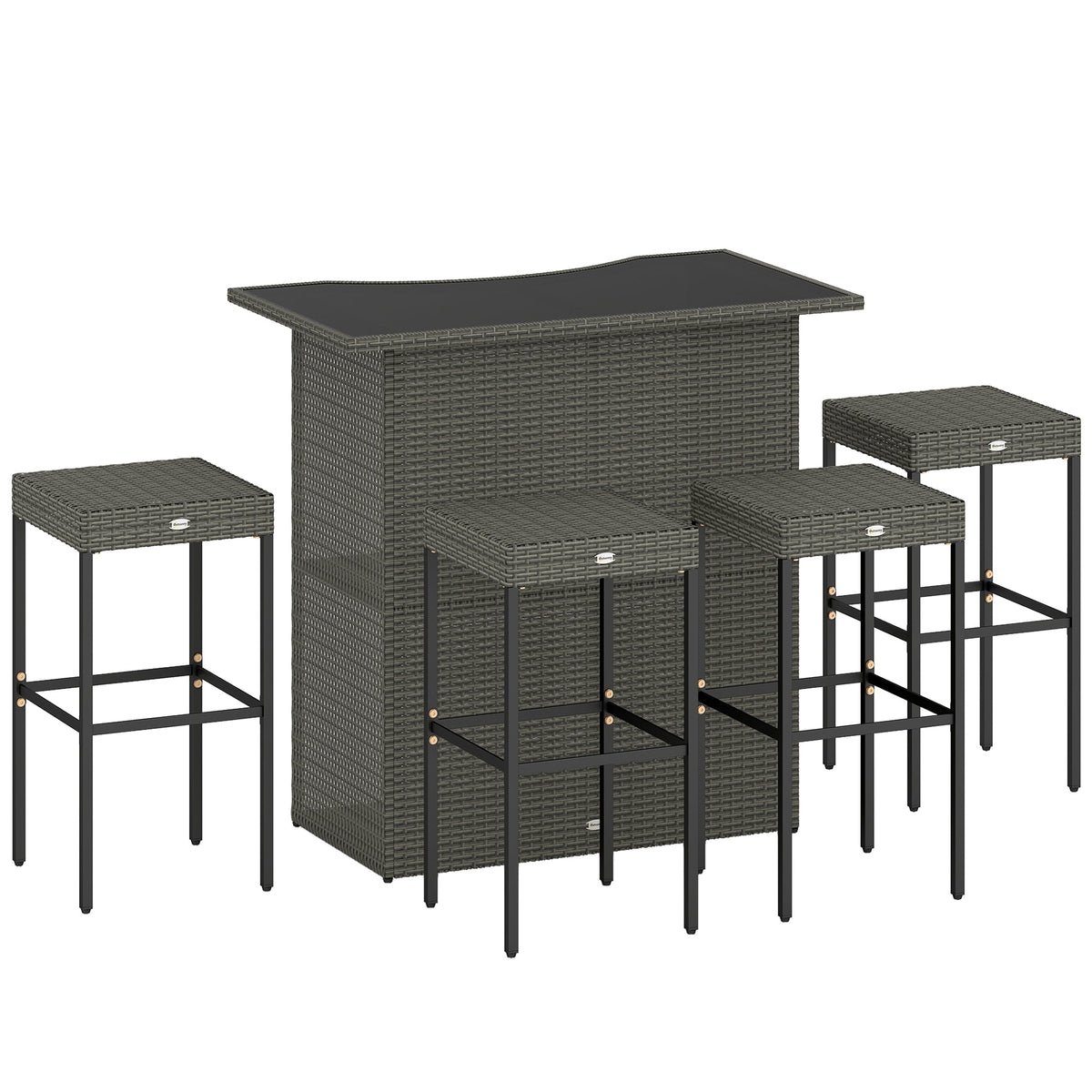 5 Piece Outdoor Wicker Bar Set with Glass Top Table and 4 Stools, Dark Gray — product view 1