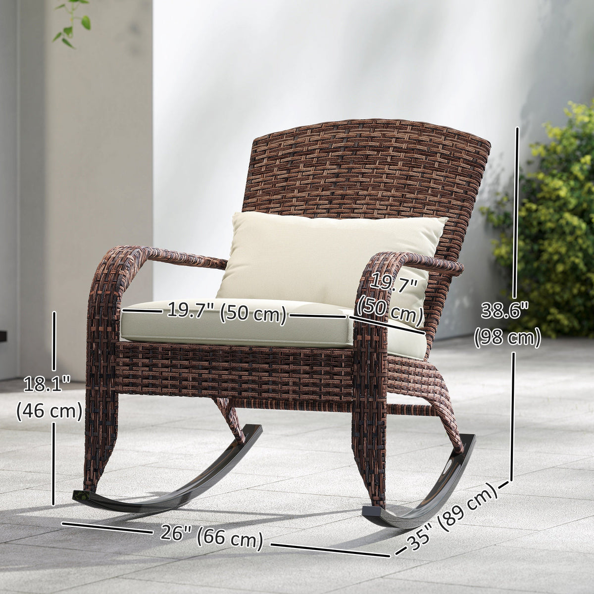 Wicker Adirondack Rocking Chair with Cushion and Pillow, Cream White/Brown — product view 5