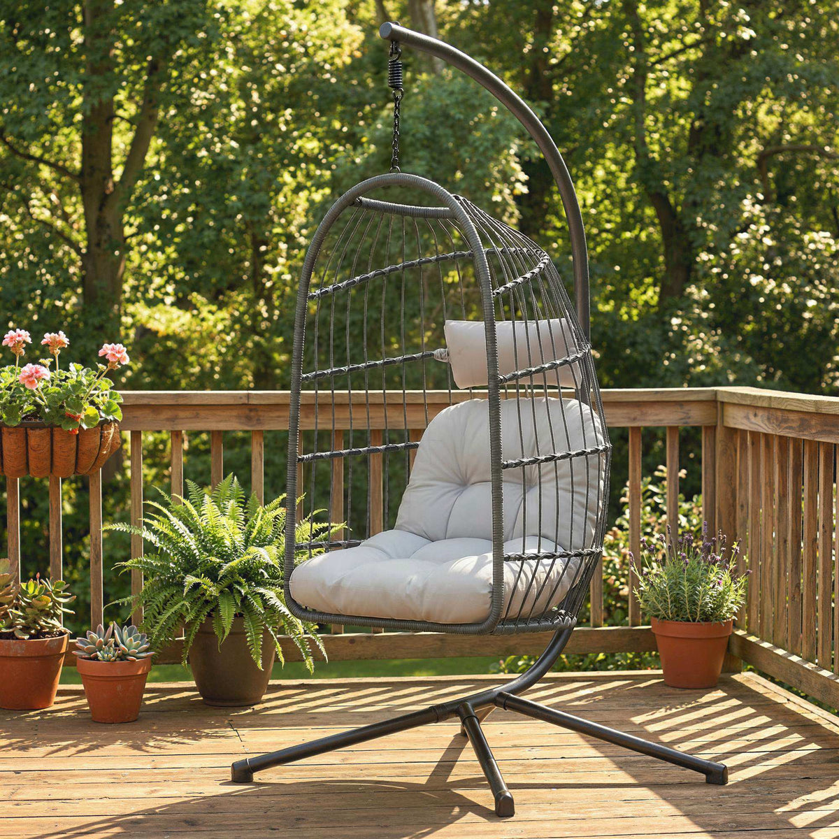 Hanging Egg Chair with Stand, Metal Frame and Adjustable Height, Dark Grey — product view 4