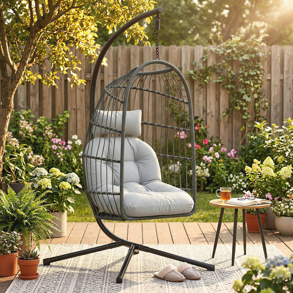 Hanging Egg Chair with Stand, Metal Frame and Adjustable Height, Dark Grey — product view 3
