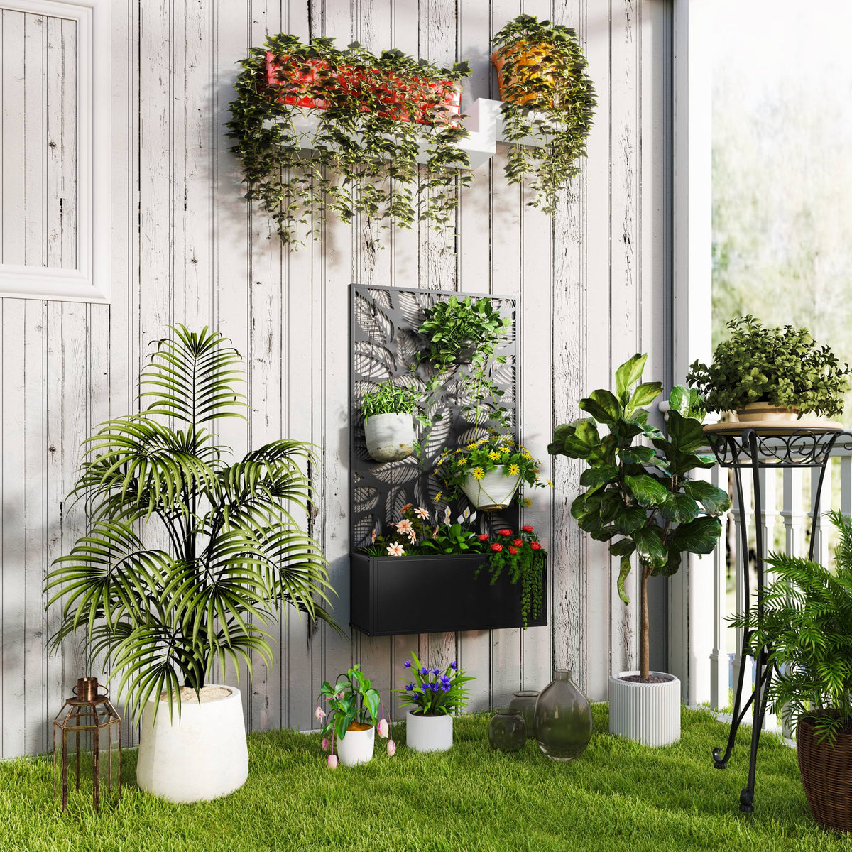 Metal Raised Garden Bed with Trellis Privacy Panel, Small Leaves Cut-Out — product view 3