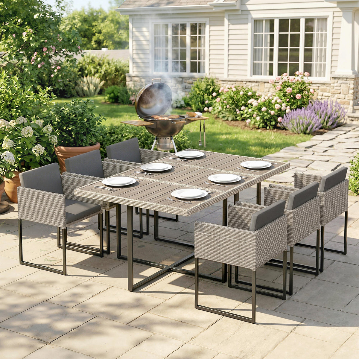7-Piece Light Grey Rattan Dining Set with WPC Table, 6 Chairs & 12 Cushions — product view 3