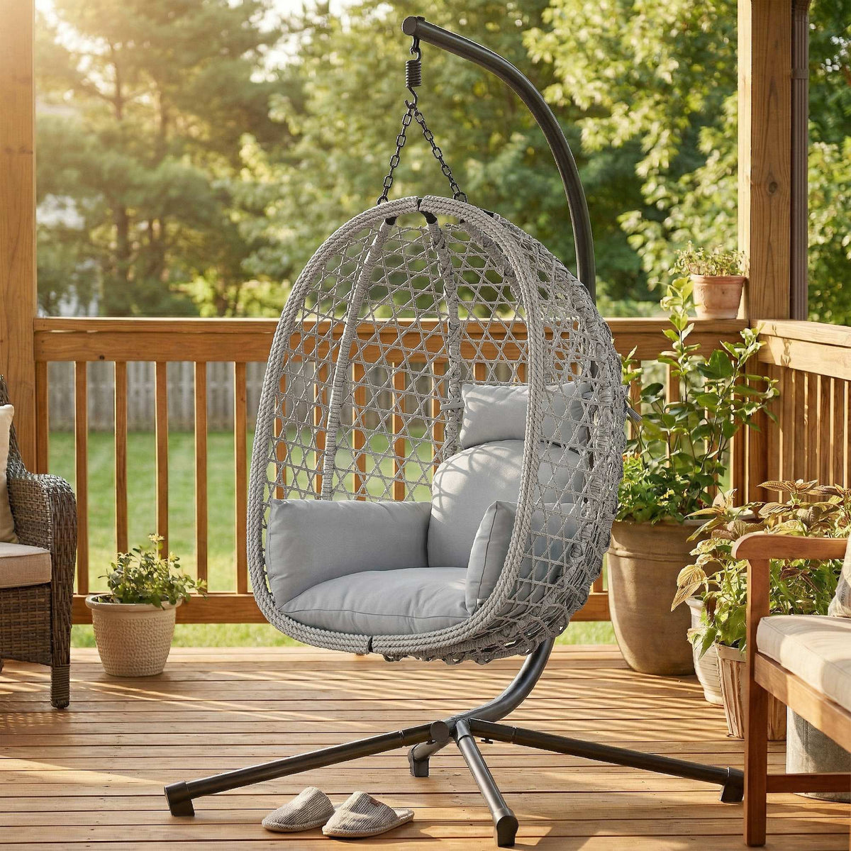 Hanging Egg Chair with Stand, Rattan Hammock, Thick Cushion, Light Grey — product view 4
