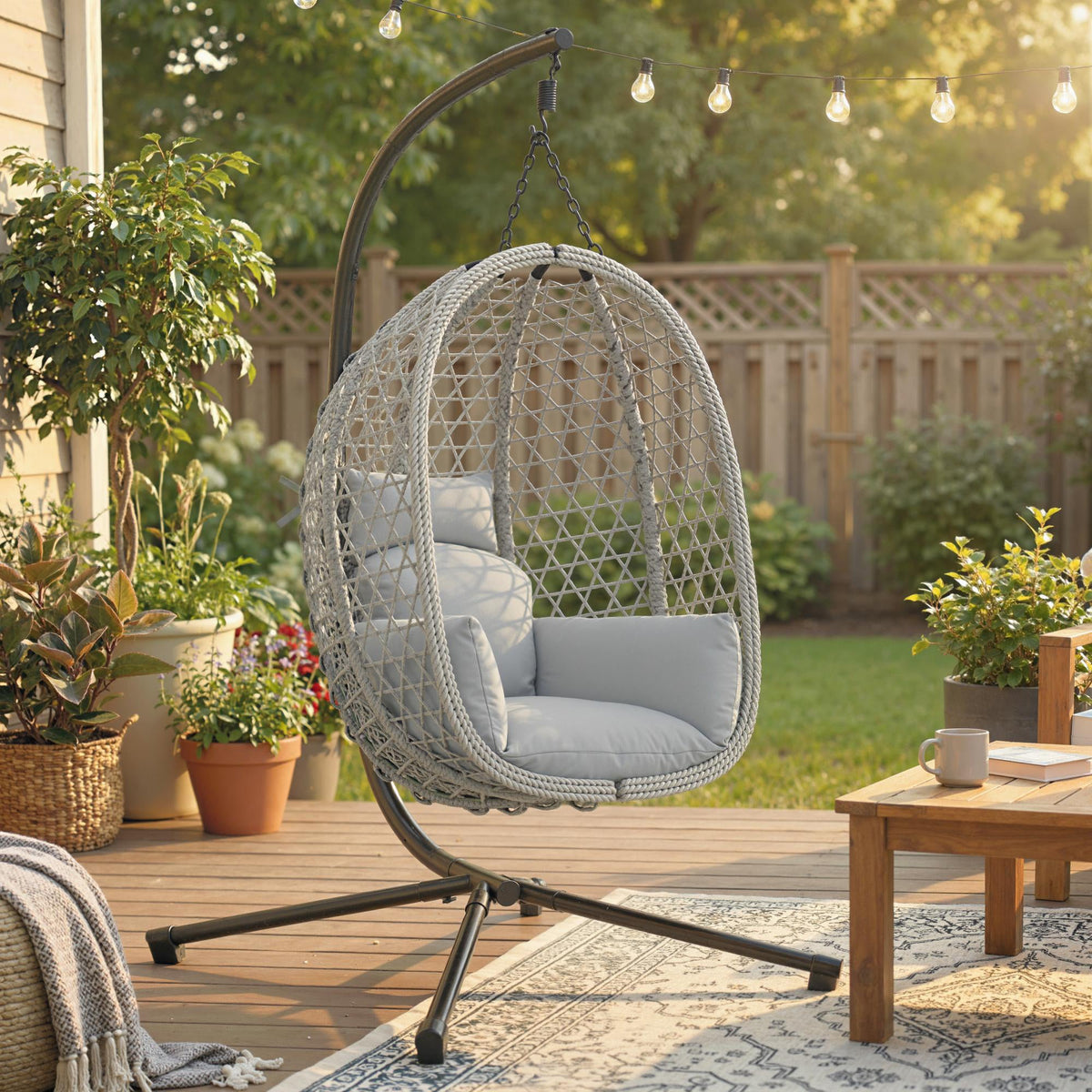 Hanging Egg Chair with Stand, Rattan Hammock, Thick Cushion, Light Grey — product view 3
