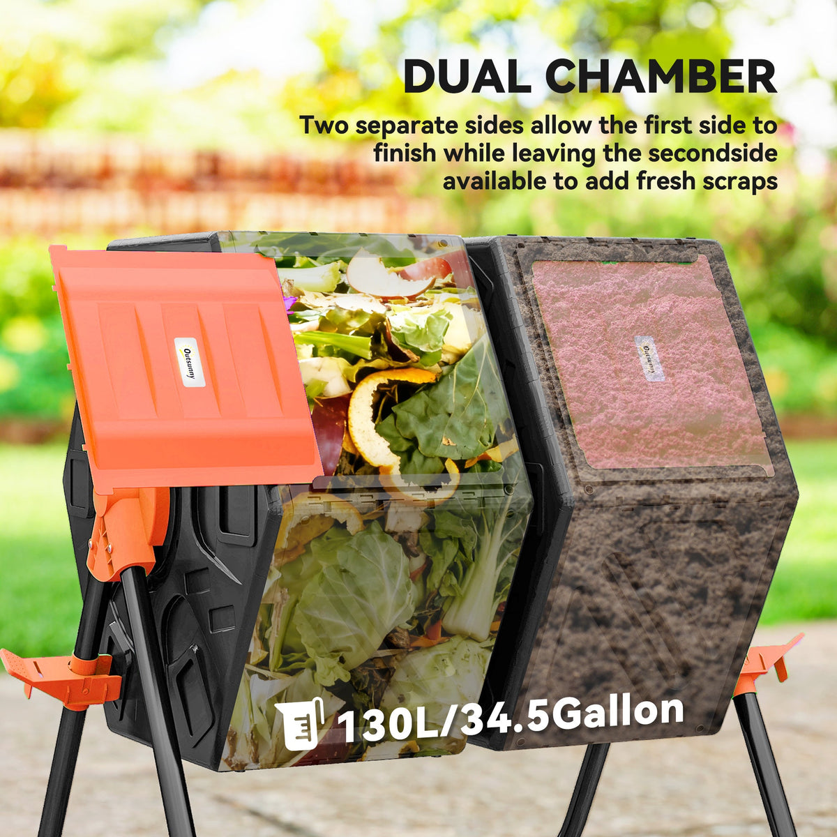 34.5 Gallon Dual Chamber Compost Tumbler with Steel Legs, Orange — product view 6