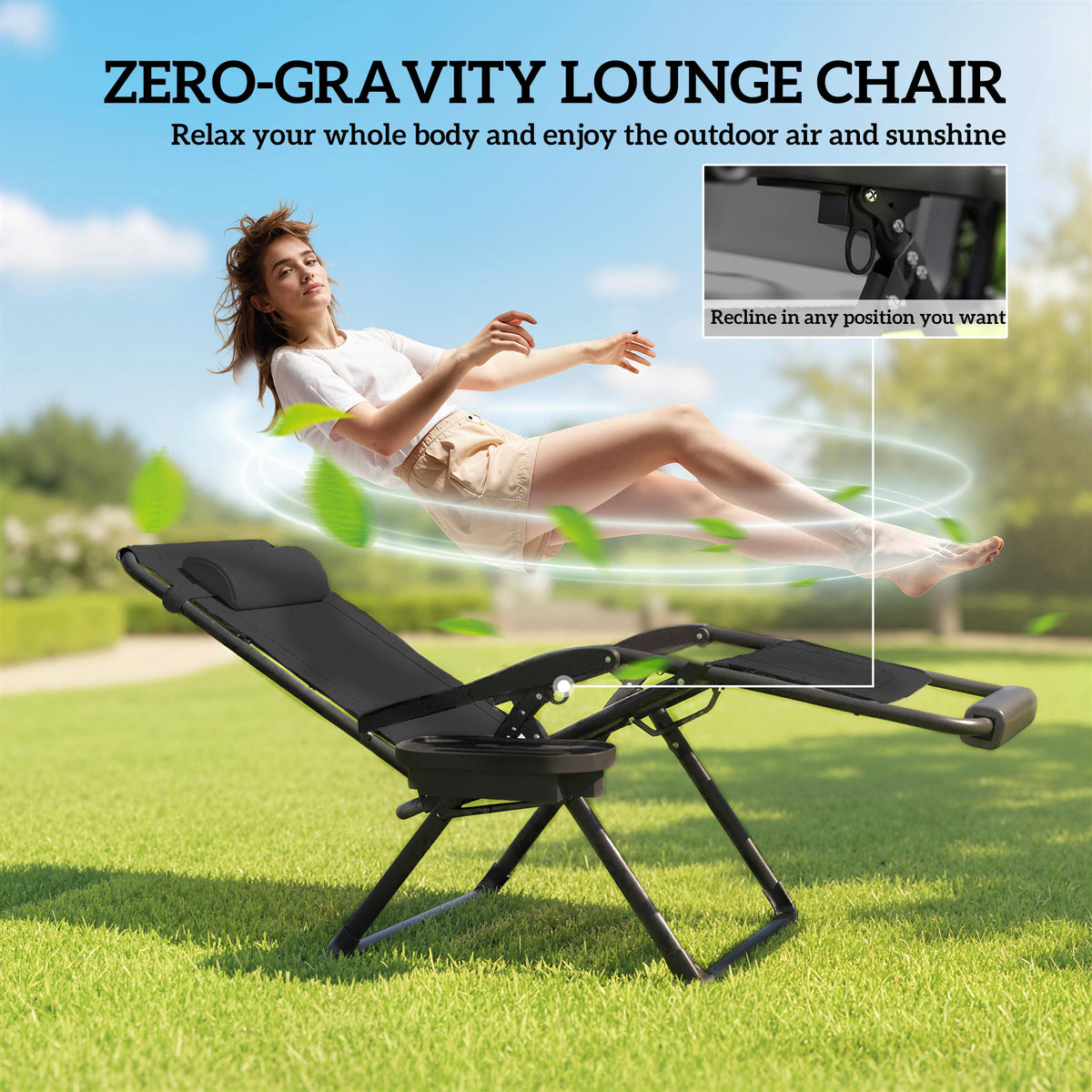 Zero Gravity Lounger Chair with Cup Holder, 400 LBS Capacity, Black — product view 6