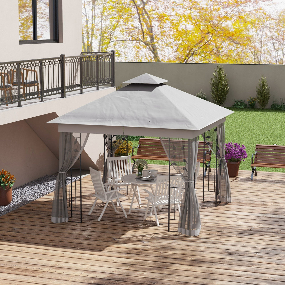 3 x 3m Garden Gazebo with Double Roof & Netting, Light Grey — product view 3