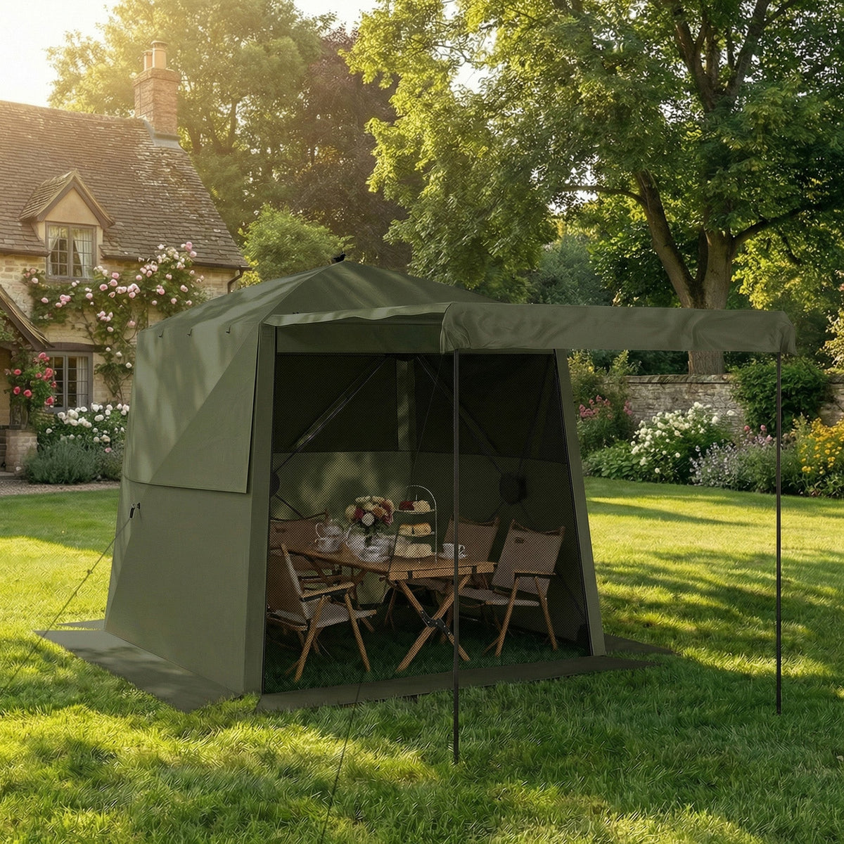2 x 2 m Pop Up Gazebo with Awning, Sides, Mesh Windows & Carry Bag, Army Green — product view 4