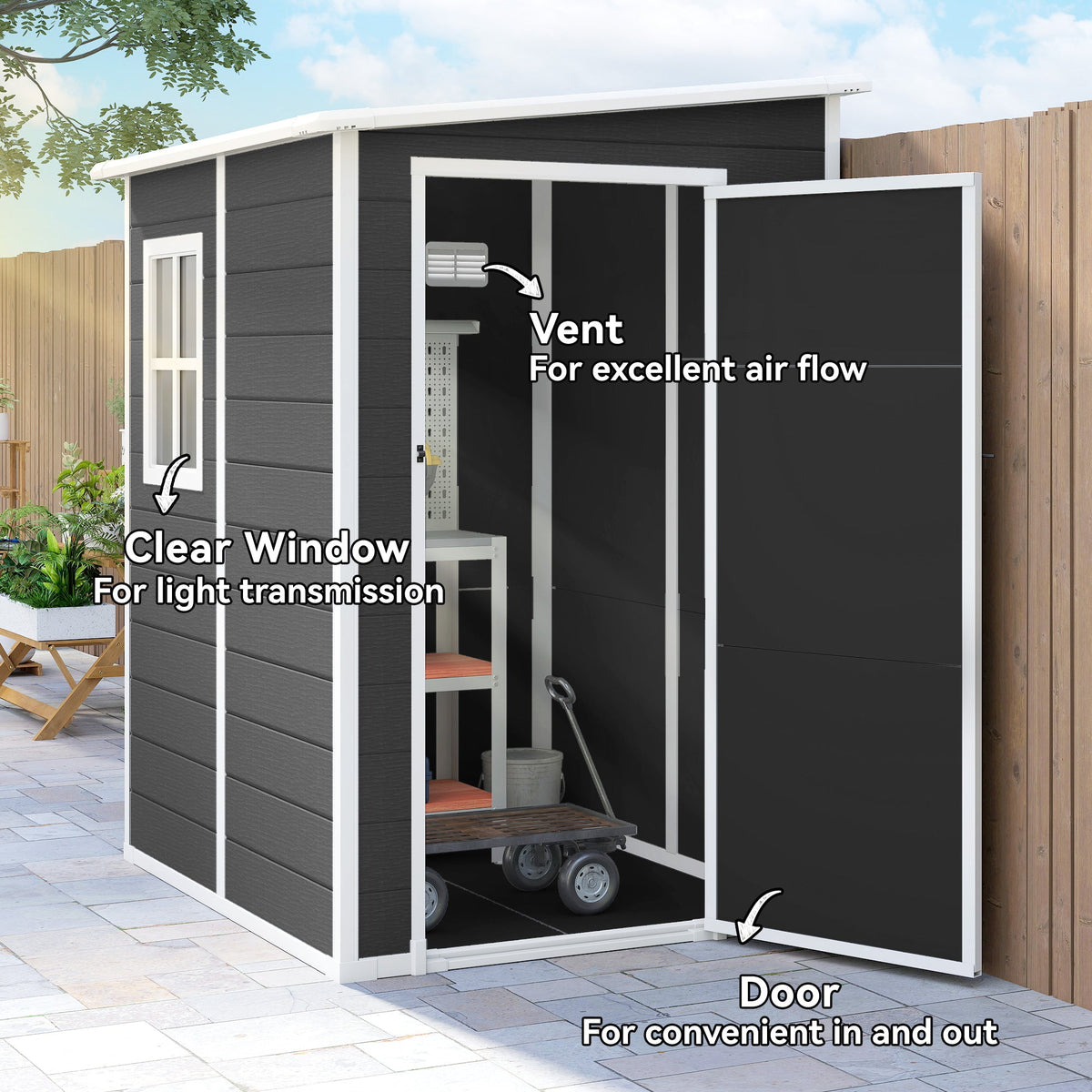 4 x 5FT Plastic Lean-to Garden Shed with Floor, Window and Vent, Black — product view 7