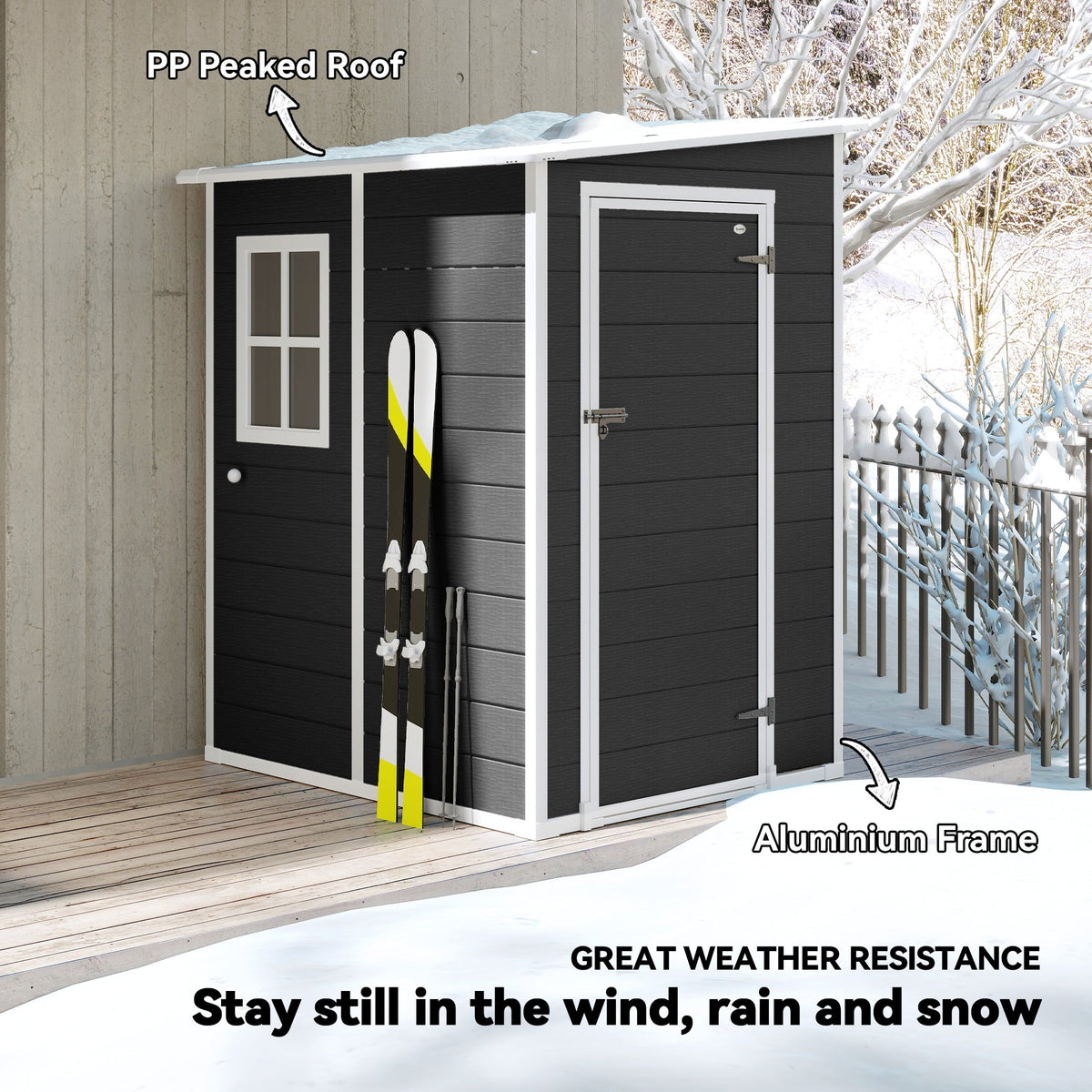 4 x 5FT Plastic Lean-to Garden Shed with Floor, Window and Vent, Black — product view 6