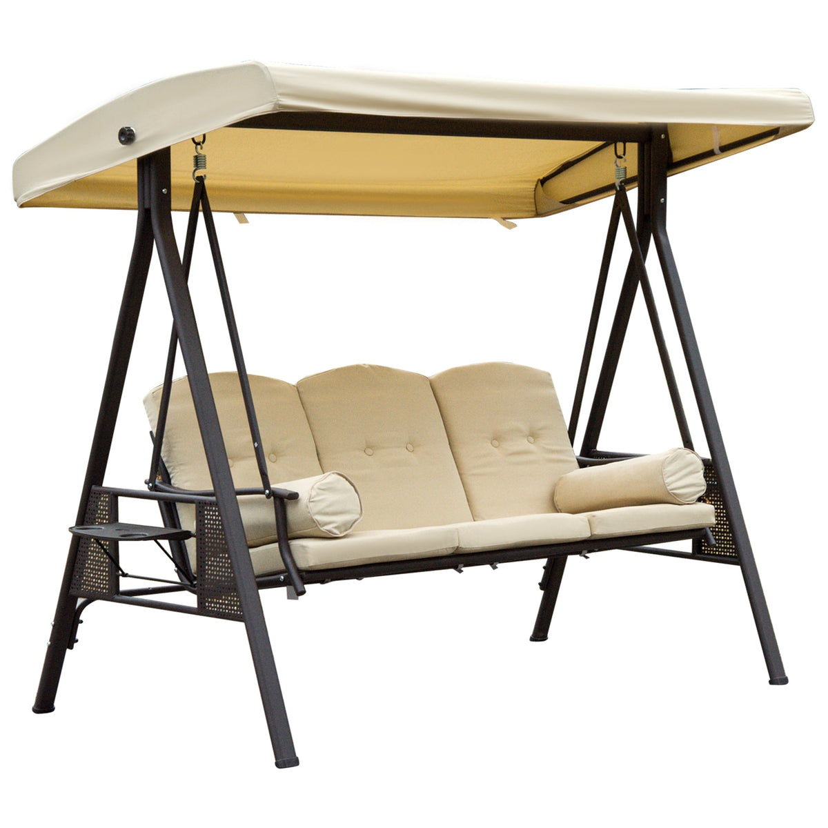 3 Seater Canopy Swing Chair with Cushions & Cup Trays, Beige — product view 1