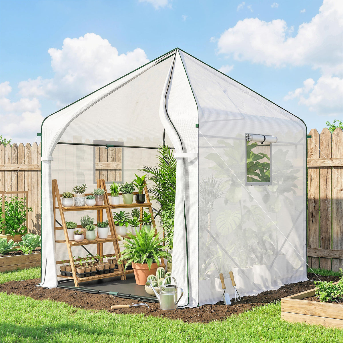 63" x 63" x 78.7" Mini Walk-in Greenhouse with PE Cover, Roll-up Door & 3 Mesh Windows, White — product view 3