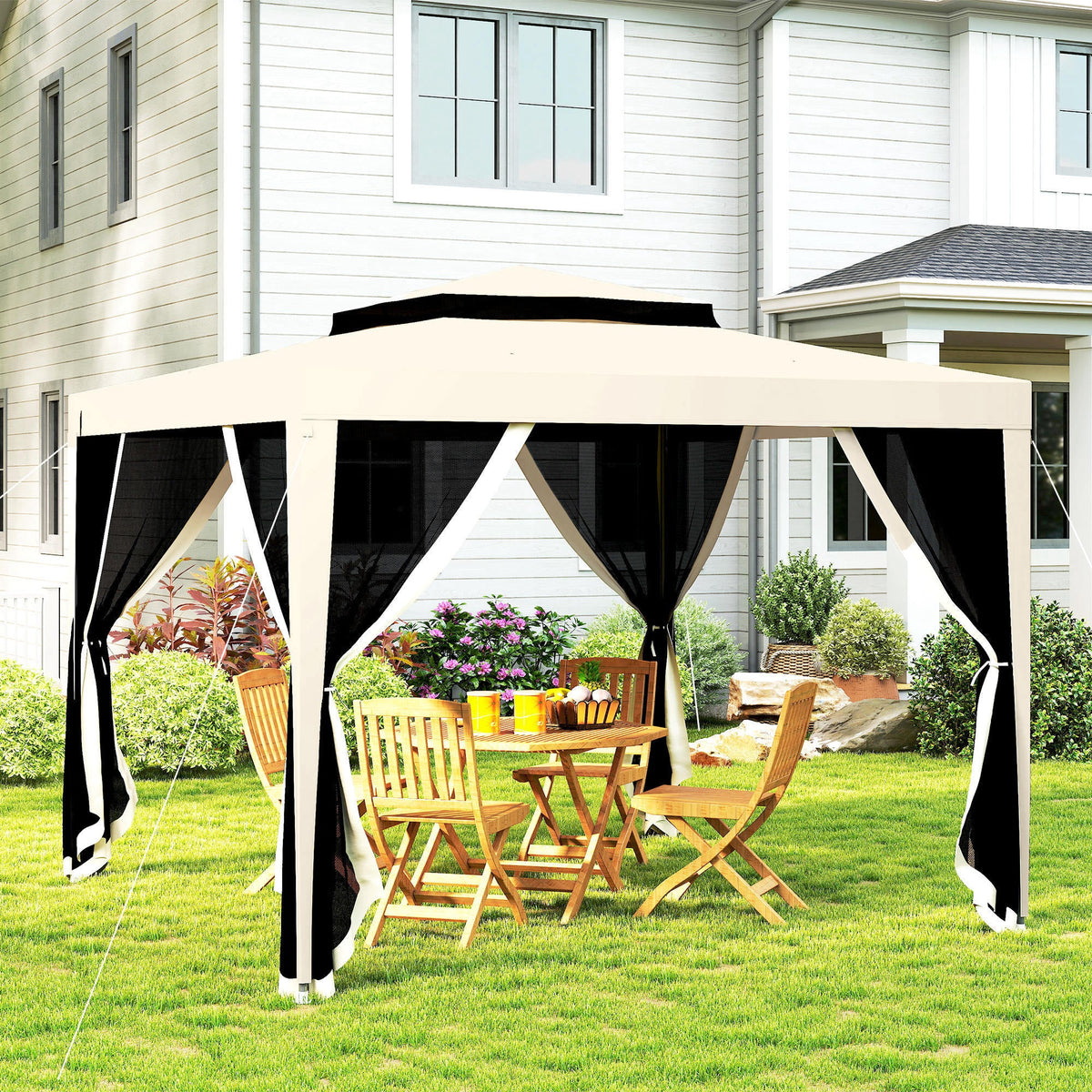 10' x 10' Canopy Tent with Mesh Netting and Double-Tier Roof, Beige — product view 3