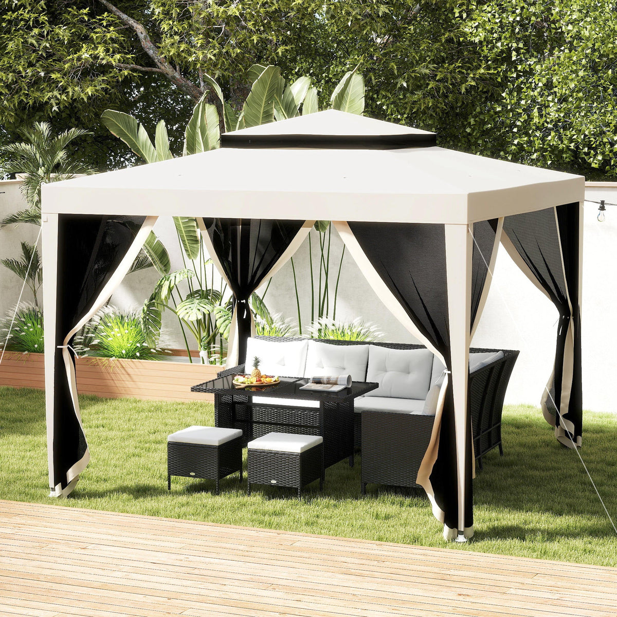 10' x 10' Canopy Tent with Mesh Netting and Double-Tier Roof, Beige — product view 4