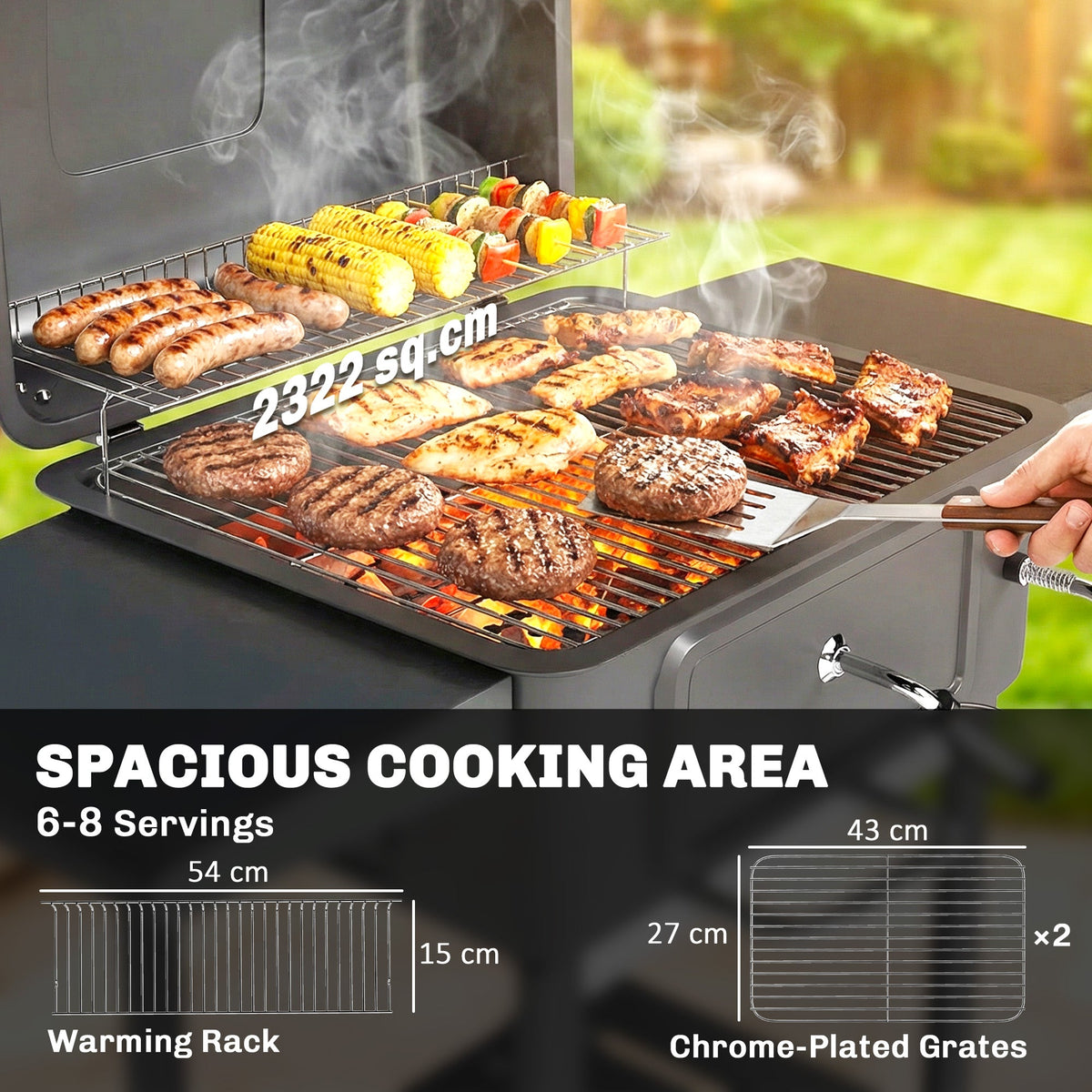 Charcoal BBQ Grill with Adjustable Pan, Side Tables and Chimney, Black — product view 6