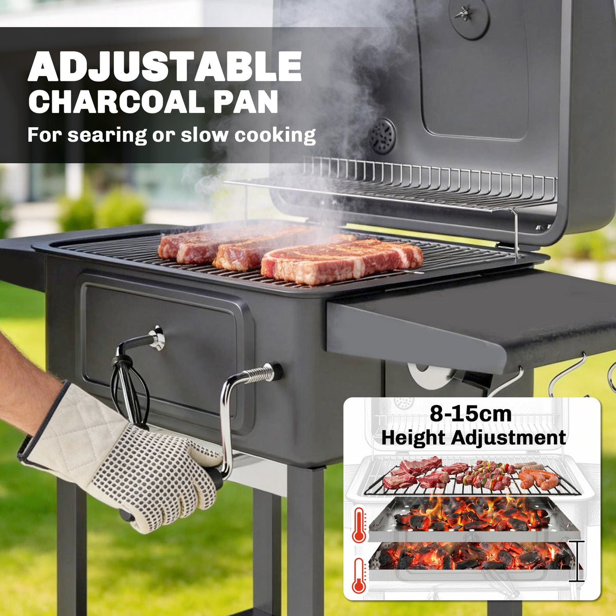 Charcoal BBQ Grill with Adjustable Pan, Side Tables and Chimney, Black — product view 7