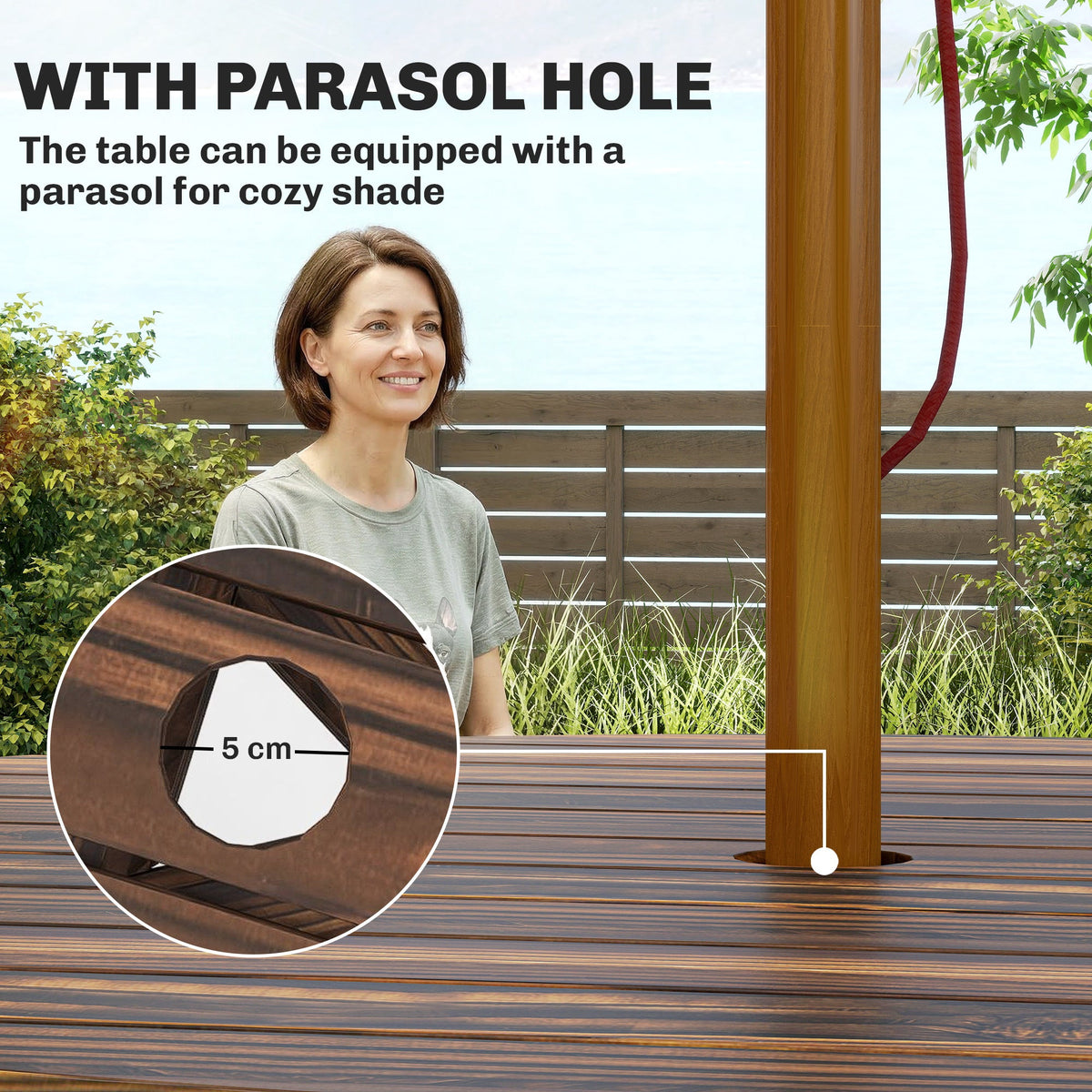 6 Seater Wooden Garden Picnic Table Set with Matching Bench, Carbonized — product view 6