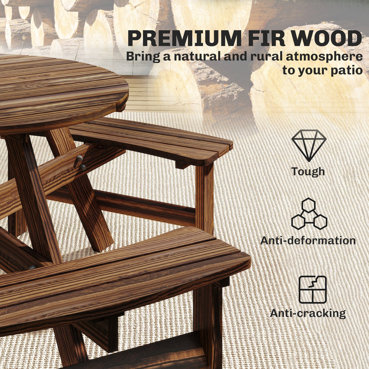 6 Seater Wooden Garden Picnic Table Set with Matching Bench, Carbonized — product view 7
